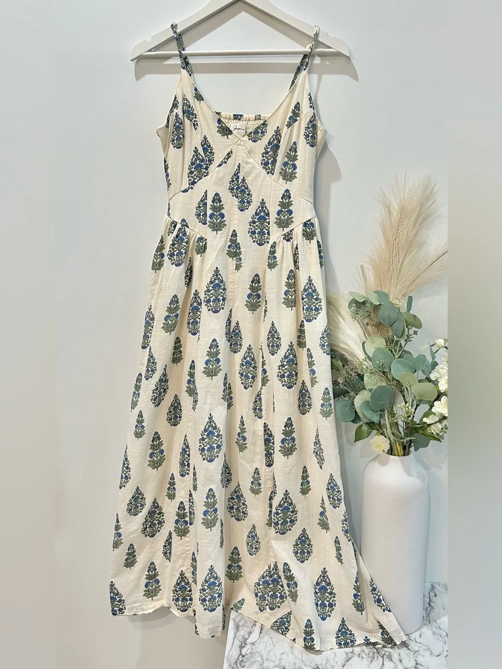 Cream Floral-Print Spaghetti-Strap Sundress with Blue & Green Motif